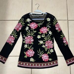 INC International Concepts Black Long Sleeve with Pink Floral Design